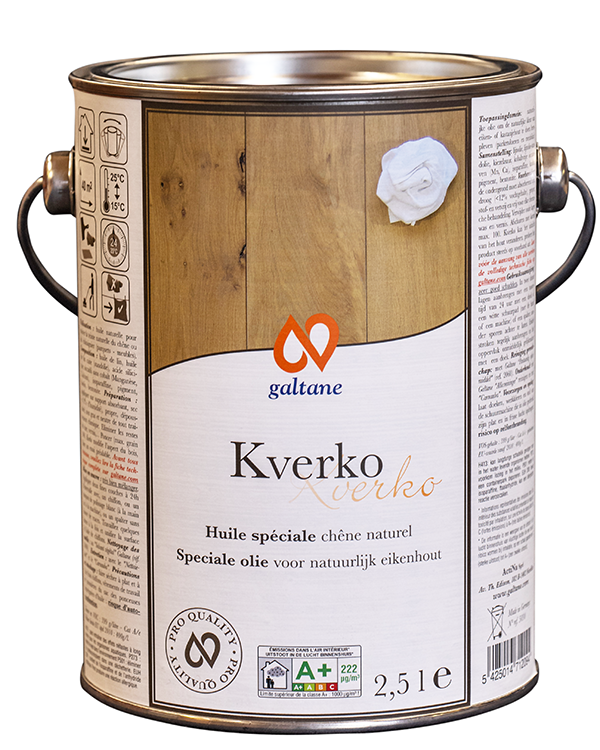 Galtane Kverko parketolie om eik of kastanje vloeren slijtvast en onderhoudsvriendelijk te behandelen.